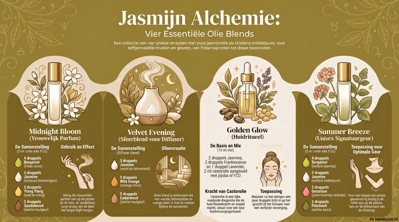Infographic met vier jasmijn etherische olie blends: Midnight Bloom, Velvet Evening, Golden Glow en Summer Breeze met receptuur