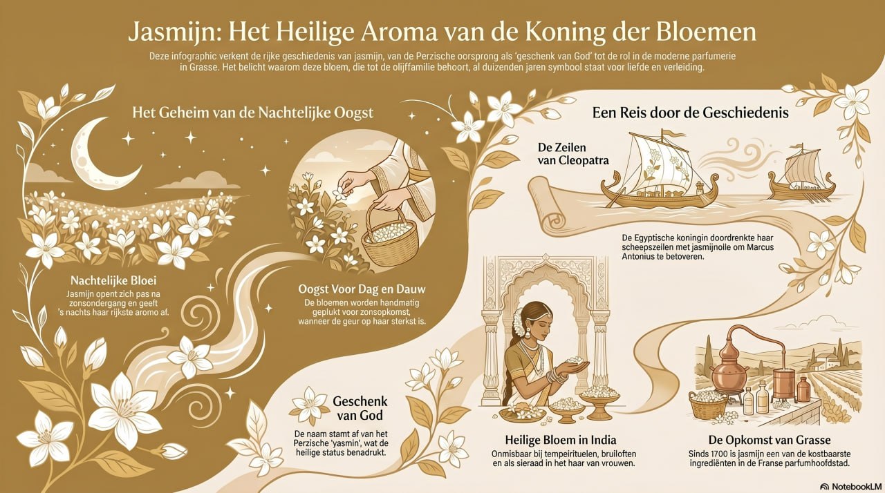 Infographic over de geschiedenis van jasmijn, van nachtelijke oogst en Cleopatra tot de parfumstad Grasse
