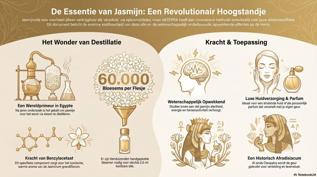 Infographic over stoom-gedistilleerde jasmijn van doTERRA: 60.000 bloesems per flesje, benzylacetaat en de opwekkende werking