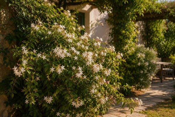 Bloeiende witte jasmijn langs een muur in een zonnige mediterrane tuin met terras